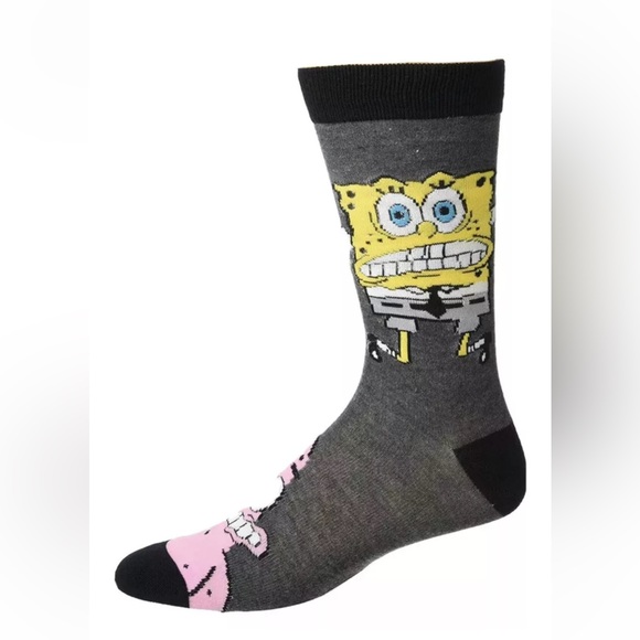 SpongeBob & Patrick Crew Socks 1 Pair Men 6.5-12 Gray Yellow Pink w Bob Pat NEW! - Picture 5 of 11
